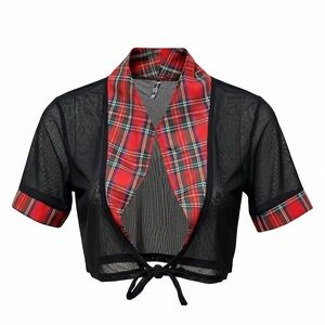Bodyrage naughty school girl goth Plaid Collar Sheer Black Crop Top OS